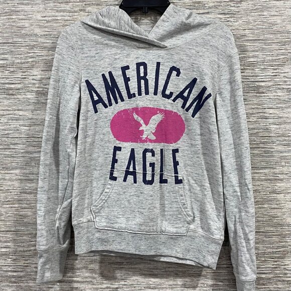 American Eagle Gray Graphic Hoodie With Pink & Navy Logo Print Size M - Picture 1 of 4